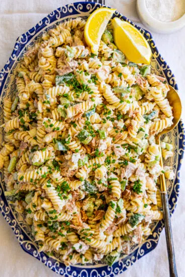 Creamy Tuna Pasta Salad in a blue and white platter.