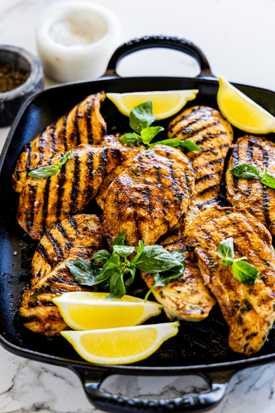Juicy Lemon Basil Chicken in grill pan.