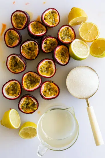 Ingredients for passion fruit lemonade.