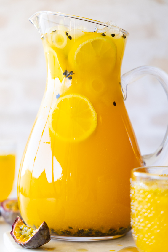 Passion Fruit Lemonade in glass jug.
