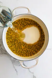 Passion fruit pulp, sugar and water in a saucepan.