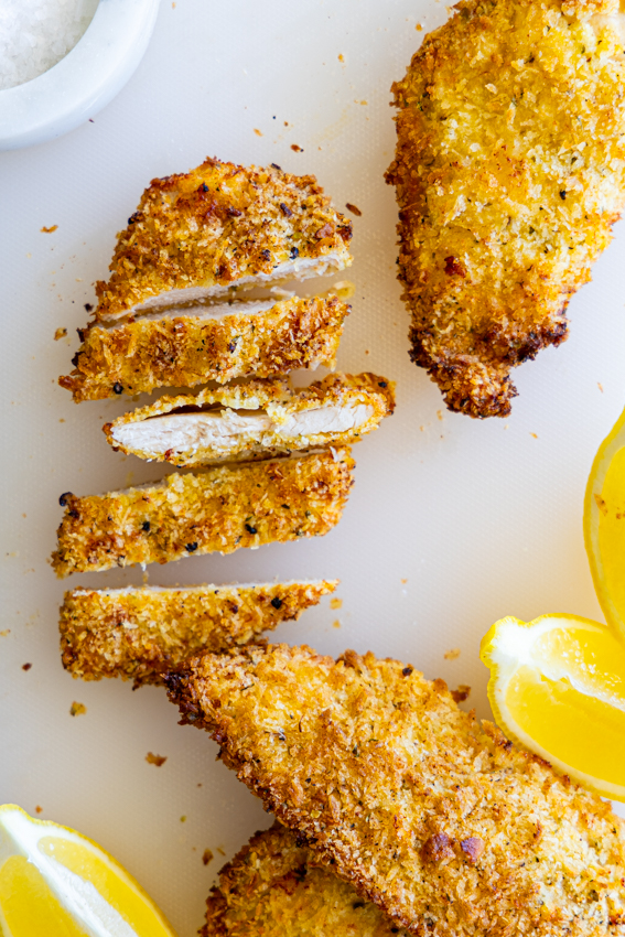 Crispy air fryer chicken cutlets.