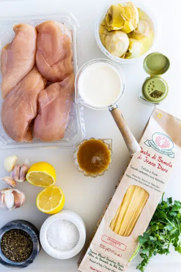 Ingredients for Chicken Artichoke Pasta.e