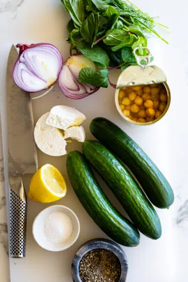 Ingredients for Chickpea and Cucumber Salad.