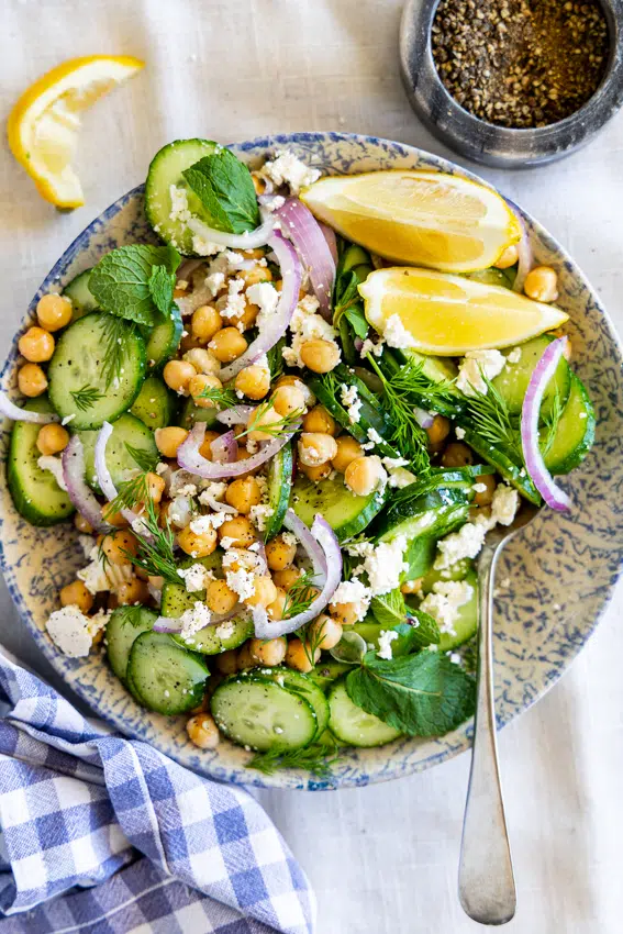 Chickpea and Cucumber Salad in a serving bowl.