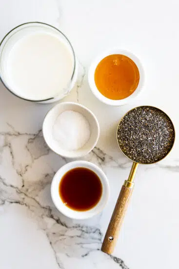 Chia pudding ingredients on table top.