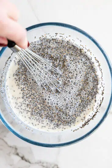 Chia seeds whisked into milk.