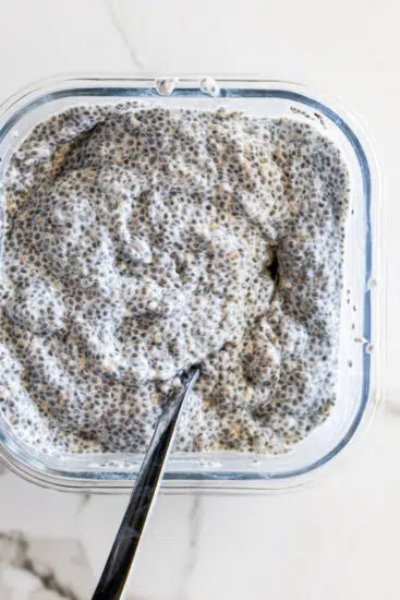 Chia pudding in a glass container.