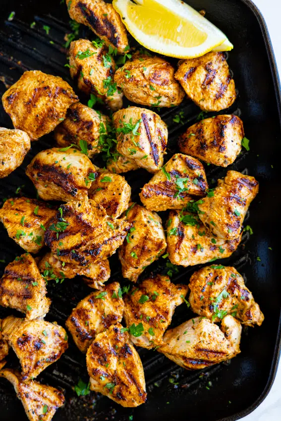 Grilled Chicken Nuggets in grill pan.