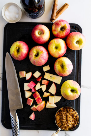 Ingredients for stewed apples on a table top.