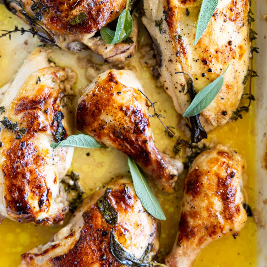 Buttermilk roast chicken with fresh sage.