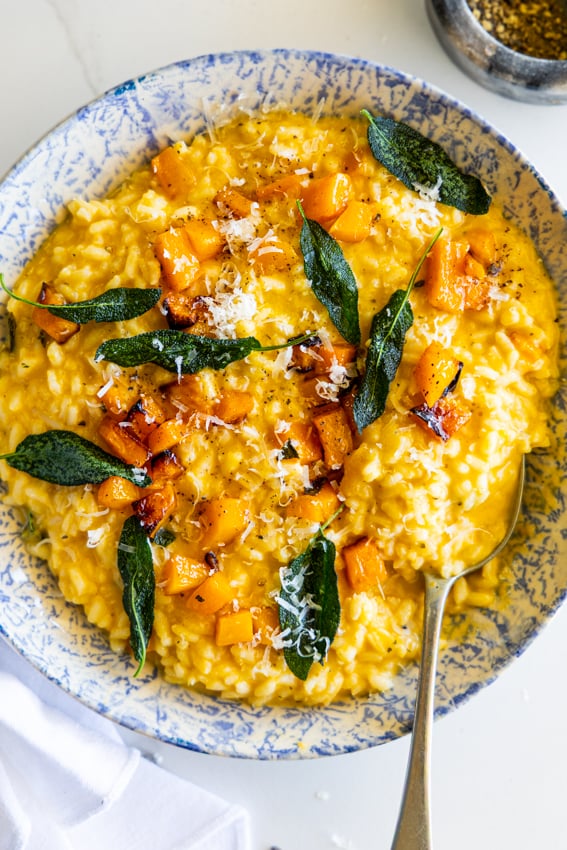 Butternut Squash Risotto with fried sage leaves and parmesan cheese.