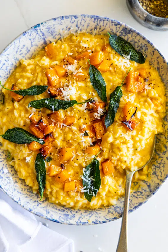 Butternut Squash Risotto with fried sage leaves and parmesan cheese.