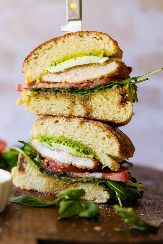 Chicken Caprese Sandwich on fresh bread with basil, tomatoes and mozzarella.