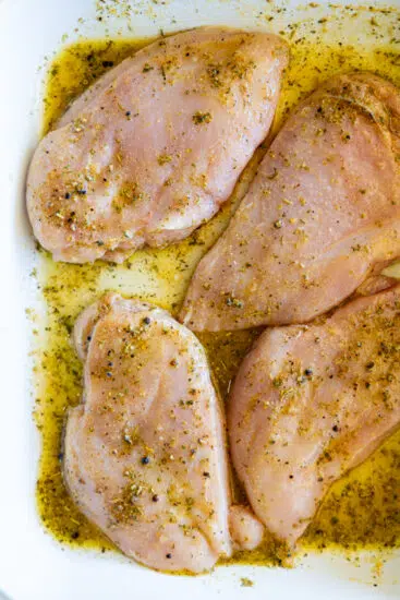 Marinated chicken breasts.