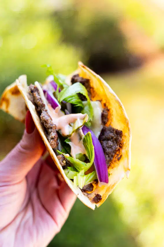 Smashed Burger Tacos in flour tortillas.