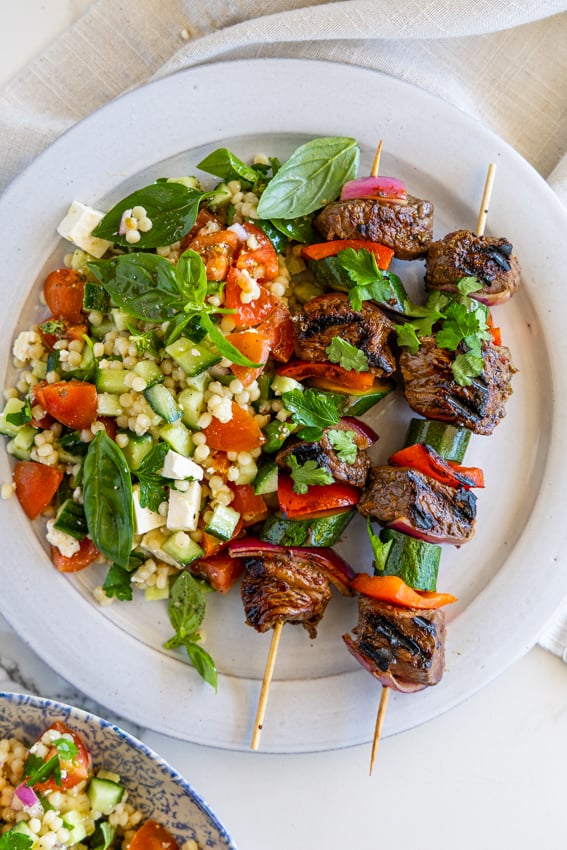 Steak KebabsSteak kebabs with pearl couscous salad.