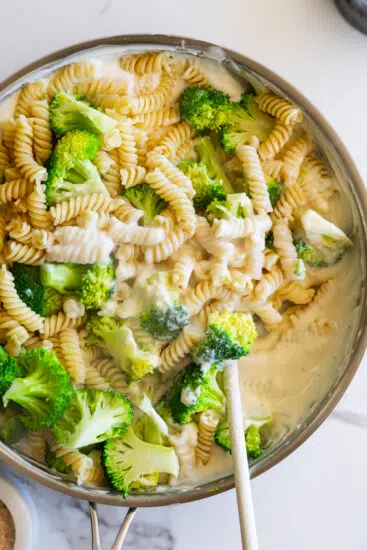Broccoli, pasta and chicken stirred into homemade Alfredo sauce.