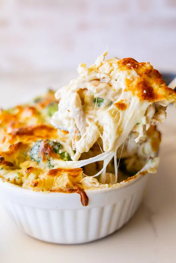 Extra cheesy Baked Chicken and Broccoli Alfredo.