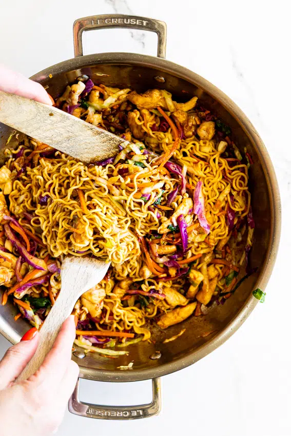 Chicken stir-fry with noodles.