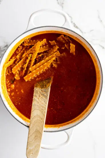 Pasta added to lasagna soup.
