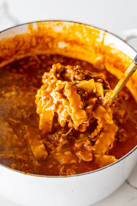 Easy Lasagna Soup in Dutch oven.