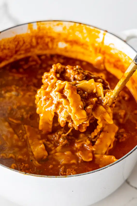 Easy Lasagna Soup in Dutch oven.