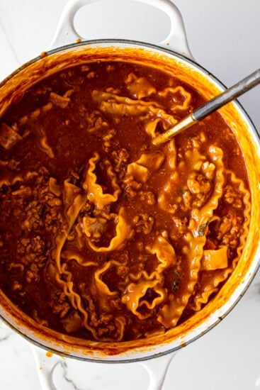 Lasagna soup with ladle.