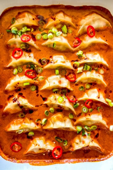 Frozen dumplings baked in coconut sauce.