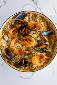 Seafood risotto with shrimp, mussels and calamari.