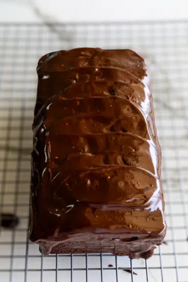 Chocolate pound cake glazed with chocolate ganache.