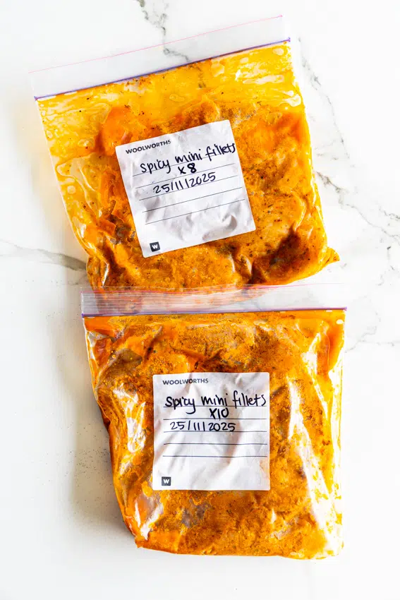 Marinated chicken tenders in freezer bag for meal prep.