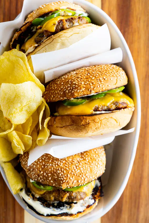 Juicy jalapeño cheddar burger with melted cheese on toasted bun