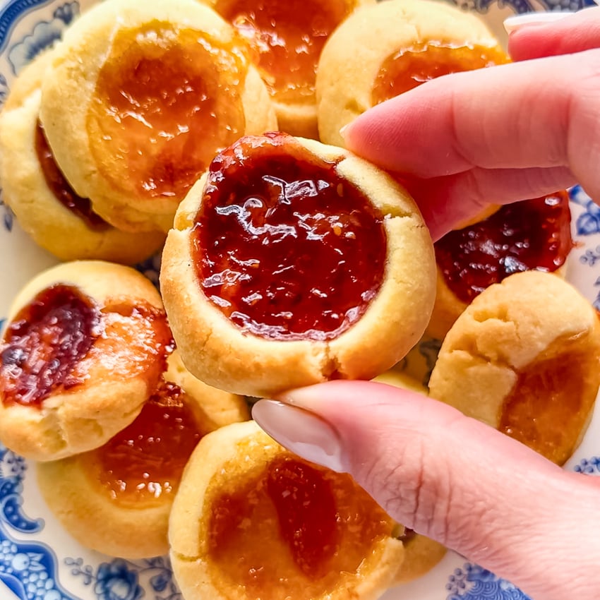 Shortbread Thumprint Cookies with raspberry and apricot jam.