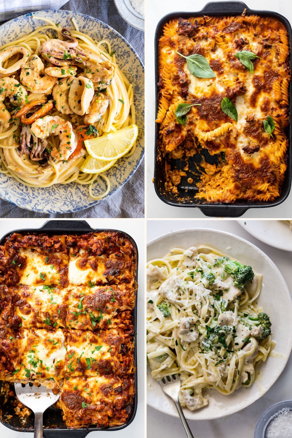 Variety of pasta dishes including baked and creamy options.