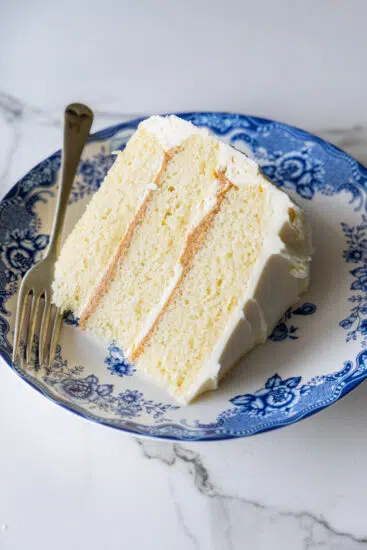 Vanilla cake slice on blue and white Delft serving plate.
