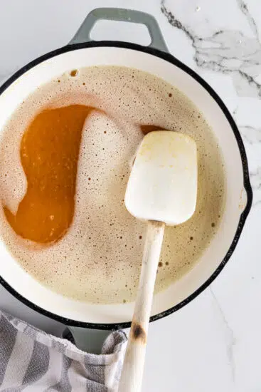 Beurre Noisette in frying pan with spatula.