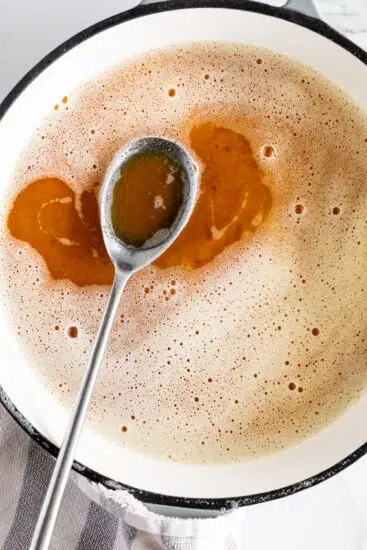 Brown butter (beurre noisette) in pan.