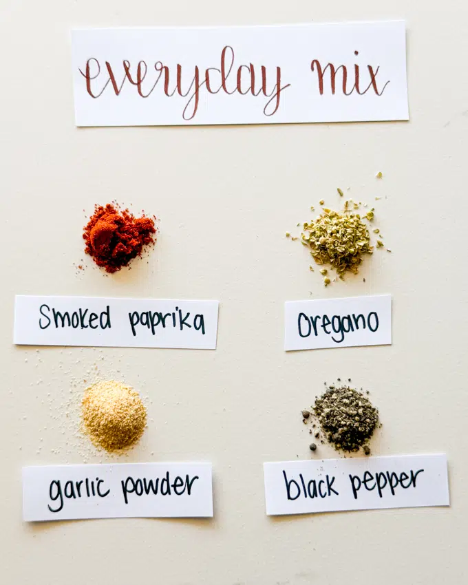 Everyday spice blend with smoked paprika, oregano, garlic powder and black pepper.