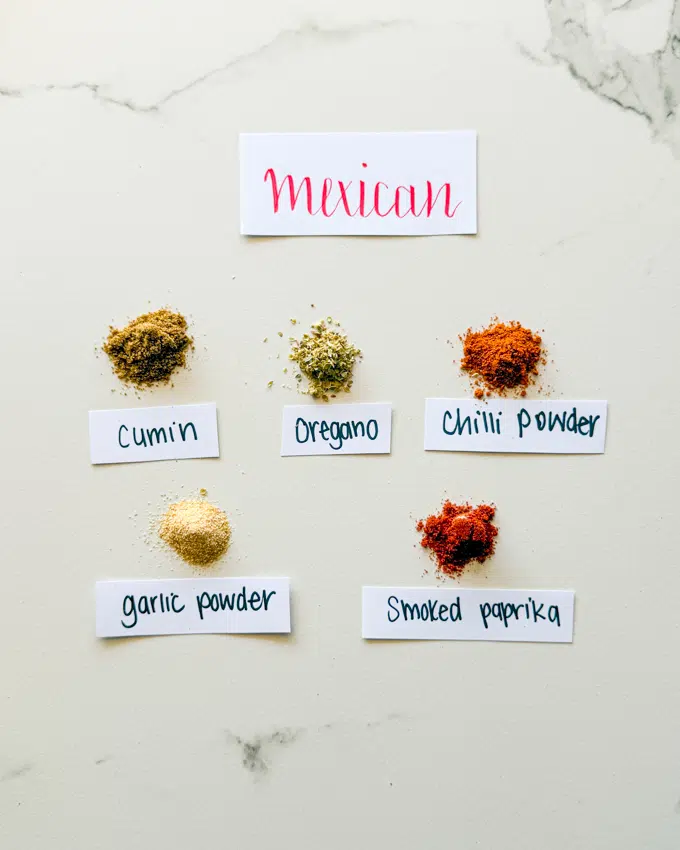 Mexican or taco seasoning with cumin, oregano, chilli powder, garlic powder and smoked paprika.