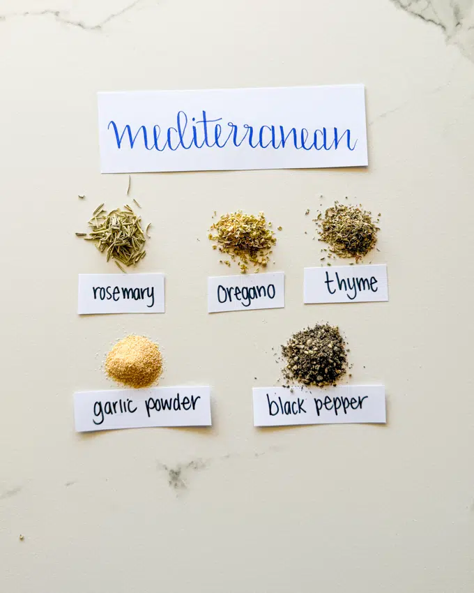 Mediterranean spice mix with rosemary, oregano, thyme, garlic powder and black pepper.