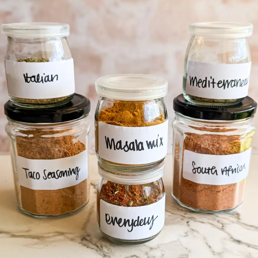Homemade spice blends in jars.