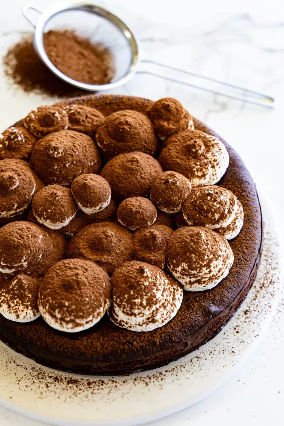 Flourless chocolate cake topped with tiramisu mousse and cocoa powder.