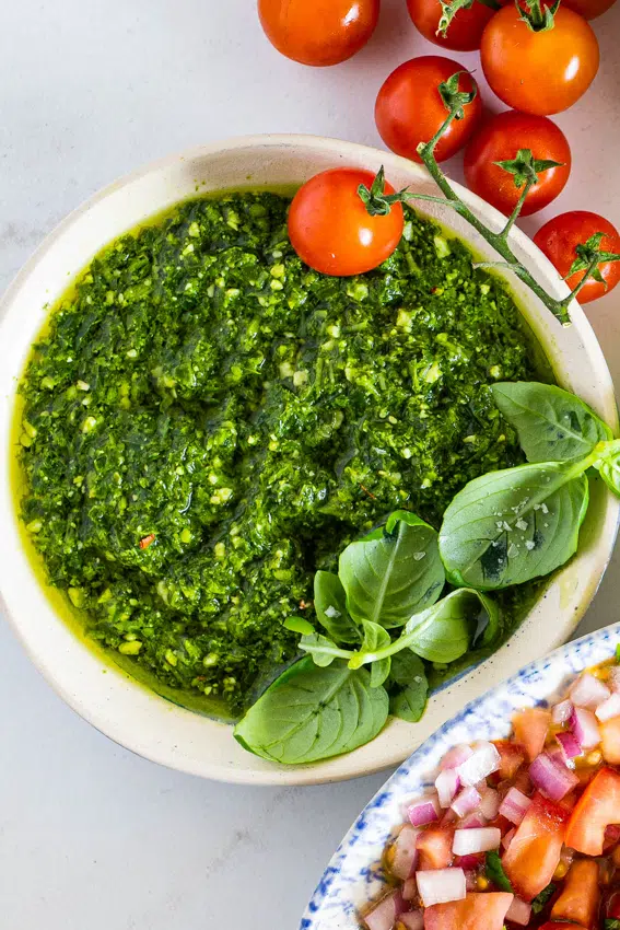 Easy basil pesto made with pine nuts and parmesan cheese.