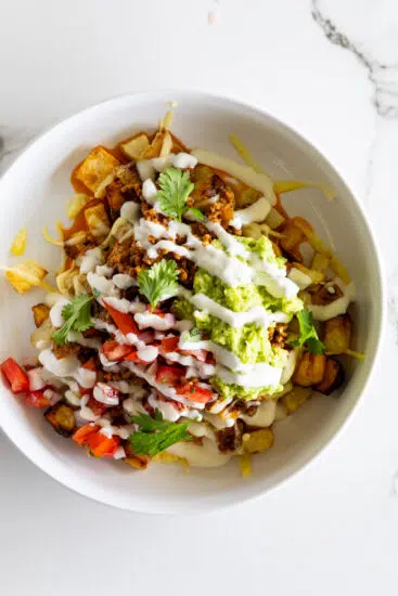 Assembled taco bowls.