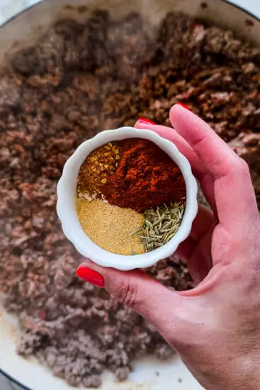 Seasonings going into taco meat.