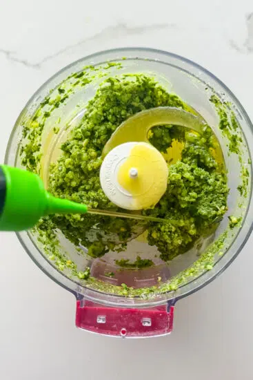 Basil pesto made with olive oil.