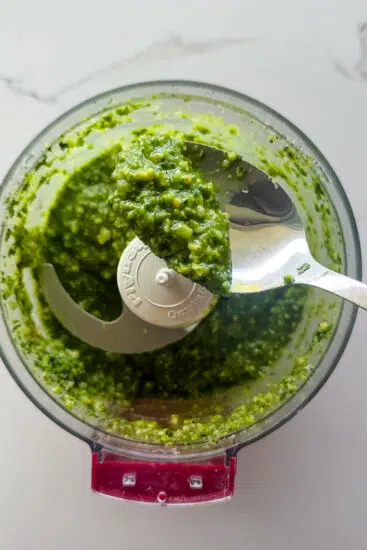 Easy basil pesto in food processor.