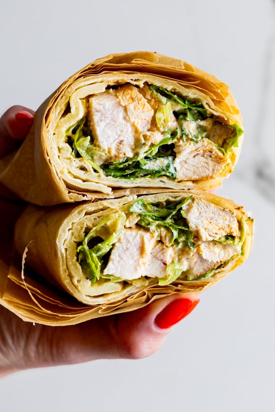 Healthy Chicken Caesar Wraps with cottage cheese tortillas and Greek yogurt Caesar dressing.