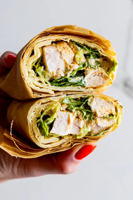 Healthy Chicken Caesar Wraps with cottage cheese tortillas and Greek yogurt Caesar dressing.